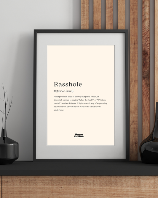 Framed print with the word 'Rasshole' and its definition on a wall.