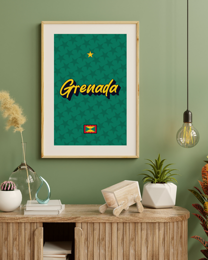 Framed artwork Poster with 'Grenada' text and flag on a green wall above a wooden console table.