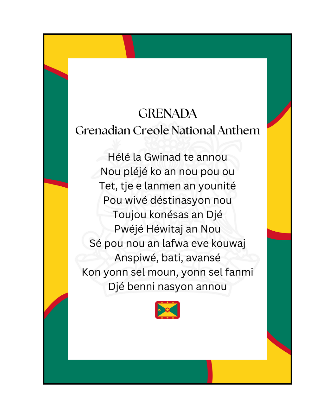 Grenada National Anthem Poster Print in Grenadian Creole
