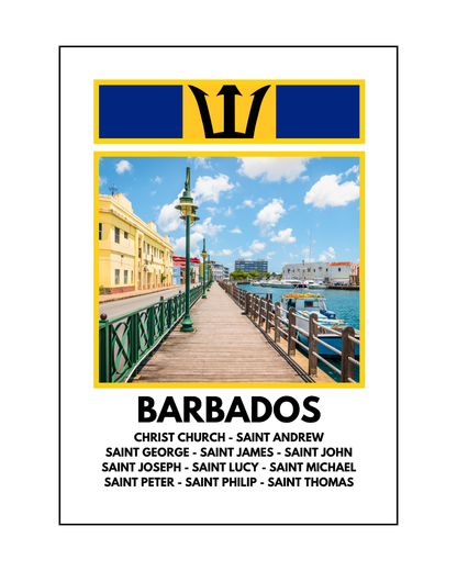 Poster of Barbados with a scenic view of a dock and buildings, featuring the Barbados flag.