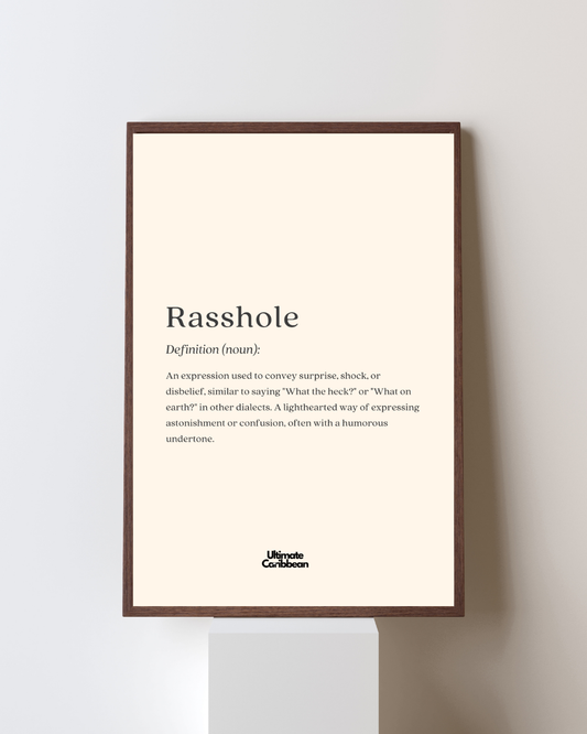 Framed poster with definition of 'Rasshole' on a white wall